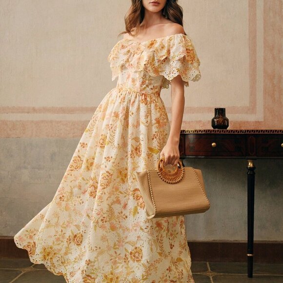 Multicolor Elegant Women's Off Shoulder Ruffled Floral Embroidered Dress - Picture 4 of 6